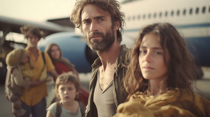 Obraz premium european caucasian refugees or traumatic experience on vacation and return journey, depressed faces, family children adult man and woman