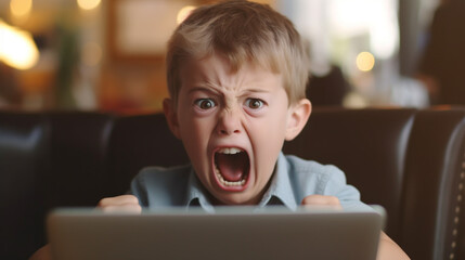 screaming child, boy, annoyed stressed and dissatisfied, on the laptop computer notebook, rage and fury