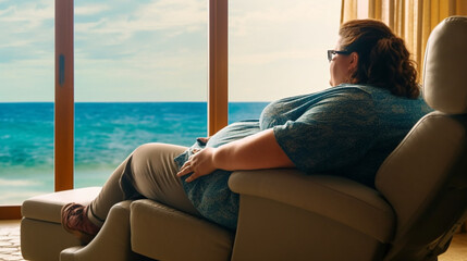 escape from reality to a beach and the ocean, a fictional person in a fictional place, an overweight woman sits in her armchair at home and wears VR glasses while sticking out her fat belly
