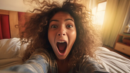 very happy young adult woman with mouth open, having fun joy, at home on bed using mobile phone, taking selfie or social media, euphoria and happy using mobile phone. Generative AI - obrazy, fototapety, plakaty