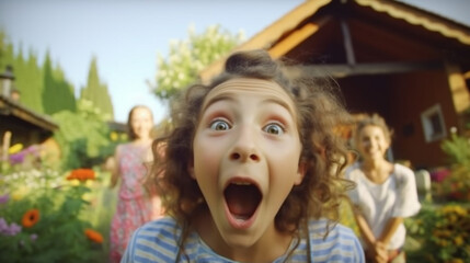 Fototapeta premium overjoyed excited nervous children, countryside rural area, girls and boys, joy and fun, happy, happy childhood with friends or family, siblings