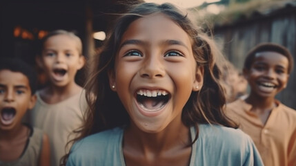 Fototapeta premium overjoyed excited nervous children, dark tanned skin color, rural area, girls and boys, joy and fun, happy, happy childhood with friends or family, siblings