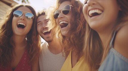 Fototapeta premium fun joy good mood, selfie of friends outside in a small town on the street in his free time, strolling through town and everyday life, youthful young, laughing, screeching and exaggeratedly good mood