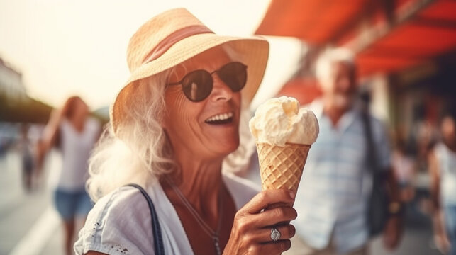 mature old adult woman with a gray hair eating ice cream, ice cream in a cone, sunny summer day, in front of the ice cream shop