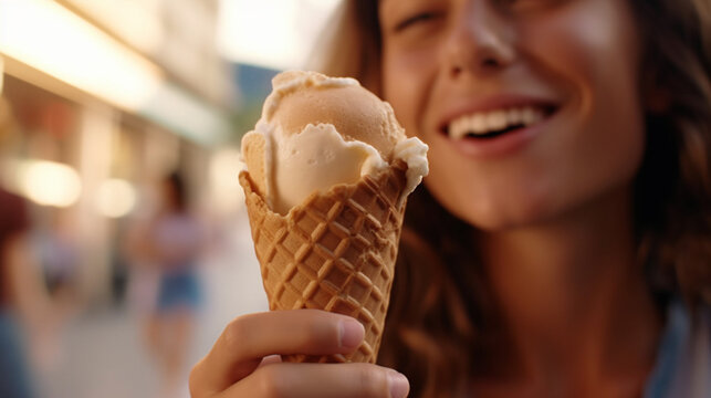 Young Adult Woman Eating Ice Cream, Ice Cream In A Cone, Sunny Summer Day, In Front Of The Ice Cream Shop