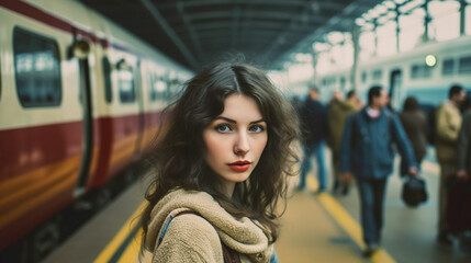 young adult woman is waiting at the train tracks, train track, platform at the train station, fictitious place