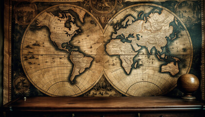 Fototapeta na wymiar Antique world map on stained wood desk, a journey through history generated by AI
