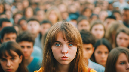 Fototapeta premium young woman or teenager, a peaceful protest or demonstration, a riot on a street in a city by civilians. fictional place and people