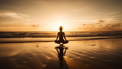 One woman meditates in lotus position, enjoying serene nature generated by AI