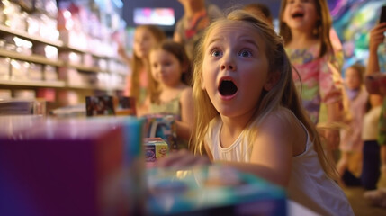 Obraz premium small child in an extremely positive mood, child girl in a toy shop, toys on the shelves, pipe dream and great joy, consumption and childhood