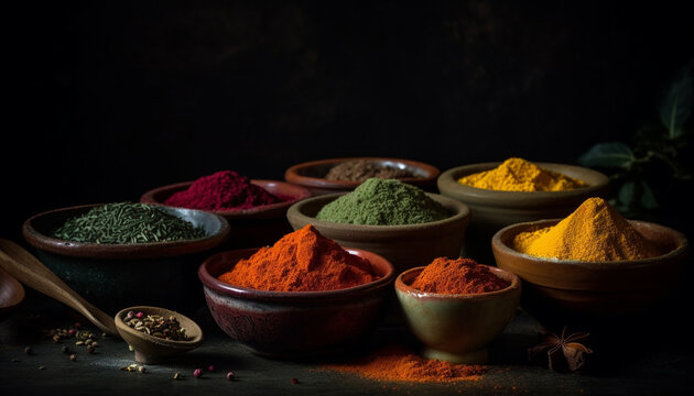 Indian culture celebrates with vibrant, multi colored spice variations in food generated by AI