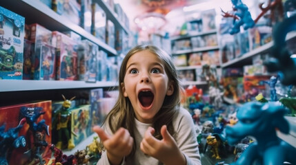 small child in an extremely positive mood, child girl in a toy shop, toys on the shelves, pipe dream and great joy, consumption and childhood - obrazy, fototapety, plakaty