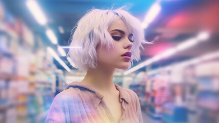 young adult woman or teenager with short blond hair in supermarket shopping, abstract lights illumination, youthful beauty, emotions feelings and confidence