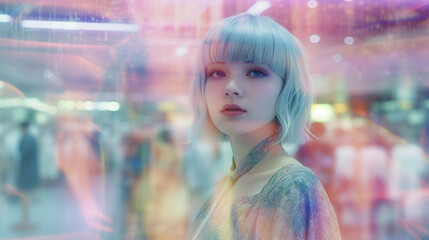 young adult woman or teenager with short blond hair in supermarket shopping, abstract lights illumination, youthful beauty, emotions feelings and confidence