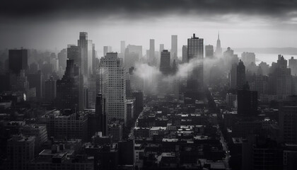 A monochrome cityscape at dusk, skyscrapers illuminated in black and white generated by AI