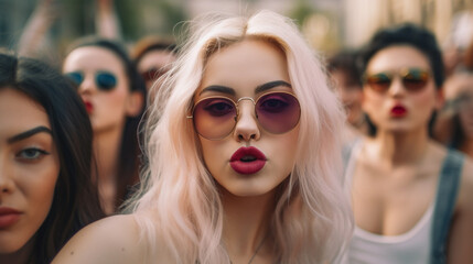 adult people are cringe in a city, cool and sexy, group of friends outdoor, summer day, childish behaviour, gangster style - obrazy, fototapety, plakaty