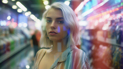 young adult woman or teenager with short blond hair in supermarket shopping, abstract lights illumination, youthful beauty, emotions feelings and confidence - obrazy, fototapety, plakaty