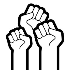 Fototapeta premium Protesters raised hand fists. Flat black and white vector illustration isolated