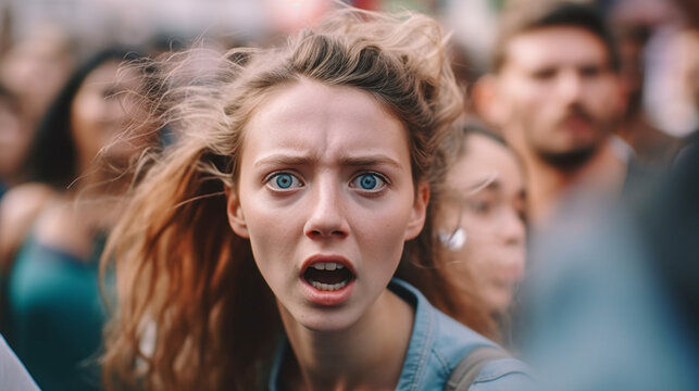 Upset Angry Misunderstanding, Young Adult Woman Or Teenage Girl With Mouth Open Full Of Emotion , Outdoors With Other People In Summer