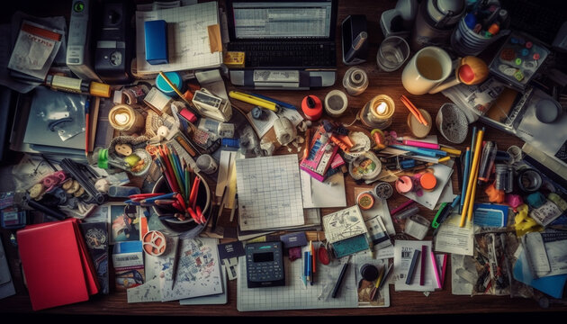 Chaos on desk old industry tools, messy papers, colorful pencils generated by AI