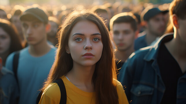 young people mass crowd closely to closely, fictional place and happening