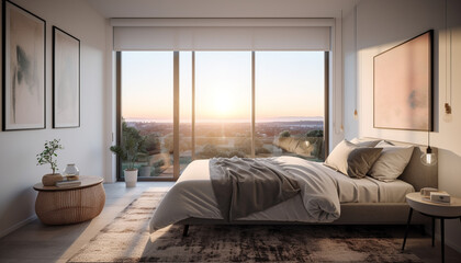 Modern luxury bedroom with comfortable bedding and elegant design generated by AI