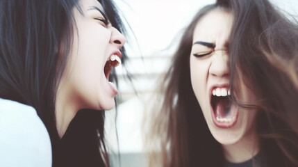 young women or teenage girls in argument, angry facial expression