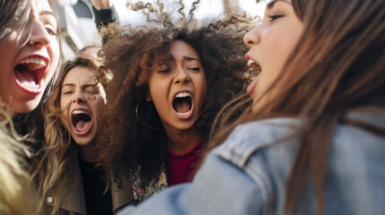 young women or teenage girls in argument, angry facial expression