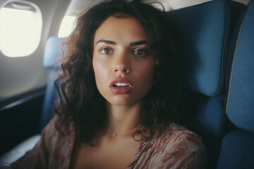 Fototapeta na wymiar young woman is worried or claustrophobic in narrow plane seat or train seat, comfortable vertical and narrow and narrow seat