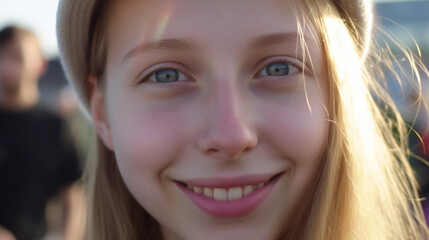 Obraz premium Teenage girl outdoors, everyday life, free time or city walk, closeup face, friendly cheerful facial expression