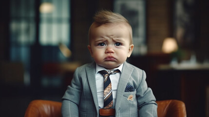 a nearly crying baby, a boy, a child in business outfit with suit