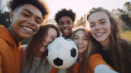 group of young adult boys and girls or teenagers, on the sports field with a soccer ball, with light jackets, fun and joy, team sports and a group of friends outside in the free time