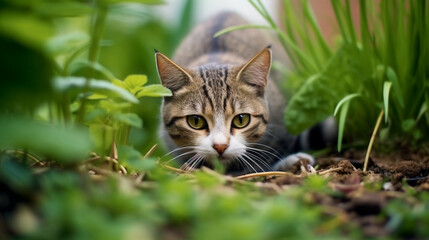 Naklejka na ściany i meble cute little cat hunting in the garden in the meadow in sunshine in summer or spring, closeup ground view