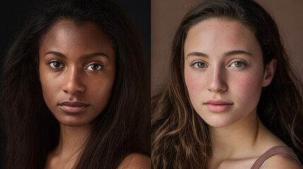 Comparison of two similar face shapes with dark tanned skin tone and light caucasian skin tone, young beauty face, eye contact, slim attractiveness