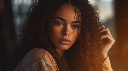 young adult woman with curly hair, dark hair, slim figure, close-up face, dreamy and playful, tanned dark skin tone, young beauty, indoor