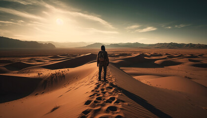 One person walking on sand dune, enjoying tranquil sunset generated by AI