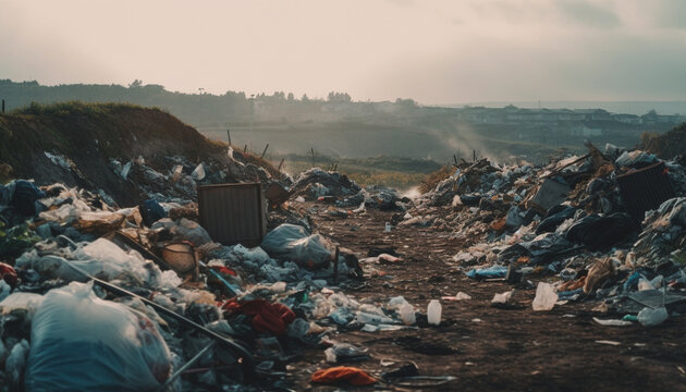 Garbage heap ruins landscape, pollutes air and water, endangers nature generated by AI