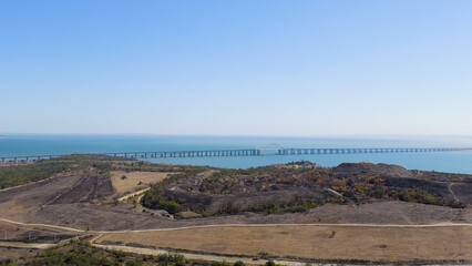 Kerch, Crimea. View of the new Crimean bridge. Fortress Kerch. Clear weather, Aerial View - obrazy, fototapety, plakaty