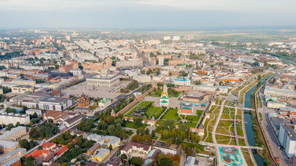 Fototapeta na wymiar Tula, Russia. Tula Kremlin, Kazanskaya embankment. General panorama of the city from the air, Aerial View