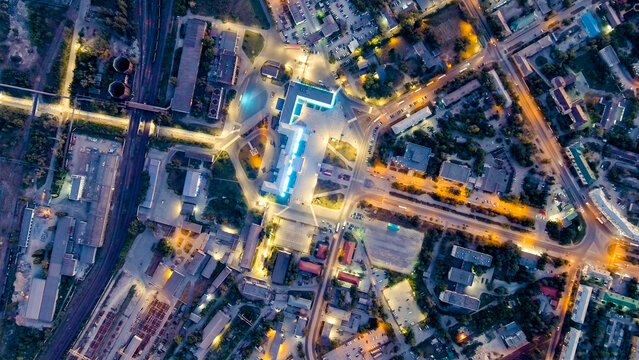 Lipetsk, Russia. Square Metallurgists. Iron and Steel Works. Left Bank District. Time after sunset. Night, Aerial View © nikitamaykov