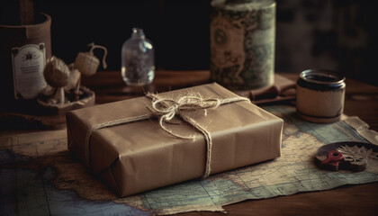 Fototapeta na wymiar Rustic gift box wrapped in old fashioned wrapping paper and rope generated by AI
