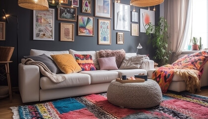 Cozy modern living room with vibrant wool rug and comfortable sofa generated by AI