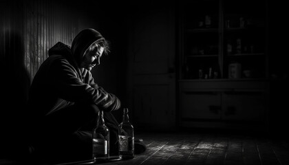 One man, sitting in darkness, sulking with whiskey bottle generated by AI - obrazy, fototapety, plakaty