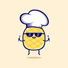 A cartoon pineapple wearing a chef hat and sunglasses, logo design vector illustration