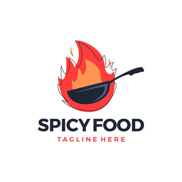 A fire in a frying pan,  spicy food logo design vector illustration