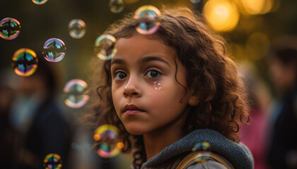 Cute curly haired girl blowing bubbles, enjoying carefree childhood outdoors generated by AI