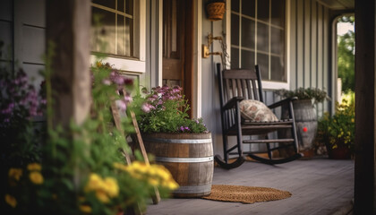 Fototapeta na wymiar The rustic cottage porch boasts elegant decor and comfortable seating generated by AI