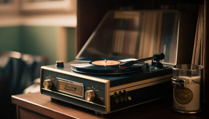 Reviving nostalgia with old fashioned turntable and analog equipment at nightclub generated by AI