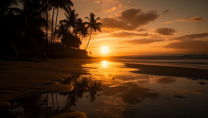 A tranquil sunrise over the palm tree lined tropical coastline generated by AI
