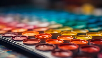 Obraz na płótnie Canvas A colorful palette of paint brushes for creative beauty products generated by AI